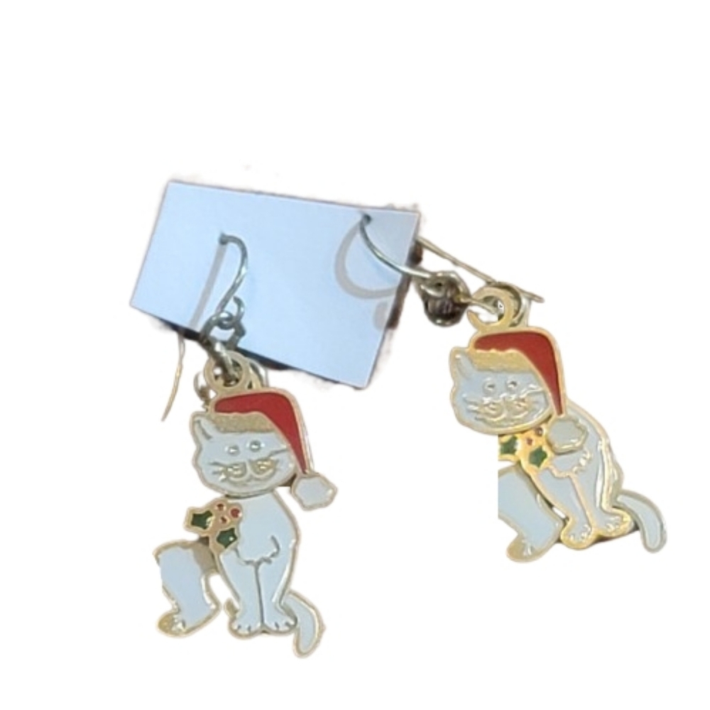 Whimcical Santa Cat Earrings with Santa Hats Dangle Moveable Body